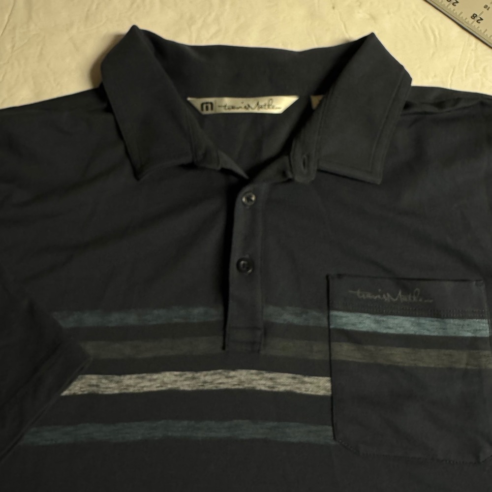 TravisMathew Mens XL Polo Shirt Navy Blue Striped Chest Pocket Golf Top